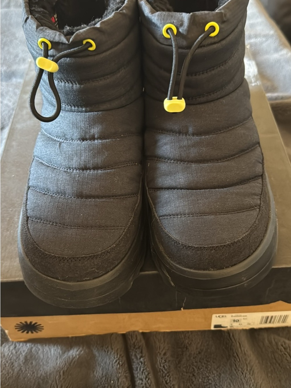 Ugg Women Black Insulated Slip-On Winter Boots with Yellow Accent